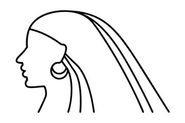 Elegant line drawing of a woman in profile with long hair and earring
