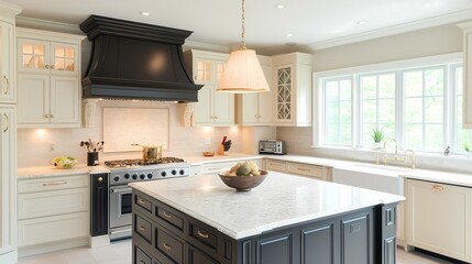 Fototapeta premium Elegant luxury kitchen with marble countertops, gold accents, and designer pendant lighting