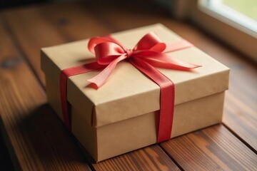 Simple kraft box, elegant ribbons, wood table, texture, modern, ribbon