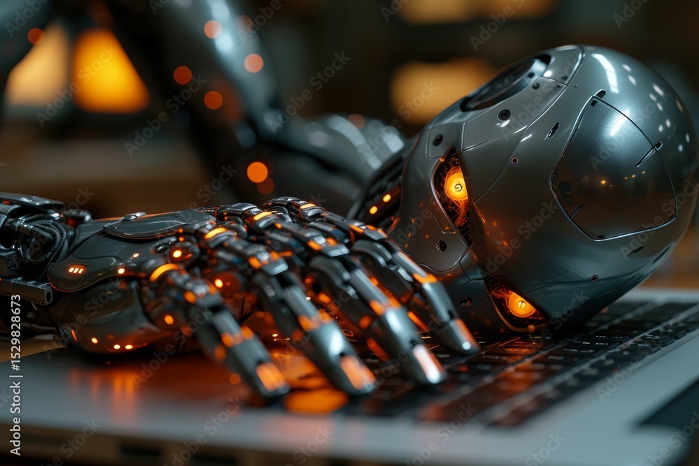 Poster a sleek robotic hand resting on a laptop keyboard illustrates the merging of technology and humanity