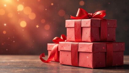 Warm light bathes stack of elegant gift boxes with ribbons , macro, still life, celebration
