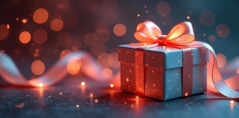 Intricate gift boxes, adorned with glowing silk ribbons; ethereal ambiance , illumination, delight, elegant