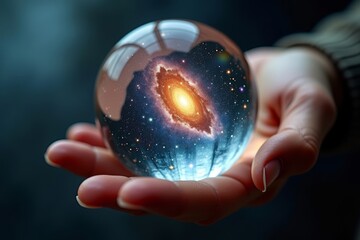 Grasping the Universe: A Close-Up Shot of a Hand Holding a Crystal Ball with a Galaxy Inside