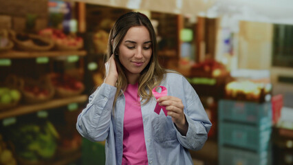 Woman holding pink ribbon in fruit shop background, symbolizing breast cancer awareness, wearing casual outfit, blonde hair, embodying healthy lifestyle choices.