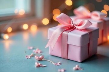 Pastel gifts, satin bows, flickering candlelight, holiday, photography, texture