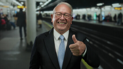 Fototapeta premium Senior man in suit giving thumbs up and pointing in a busy train station showing enthusiasm and positivity indoors.