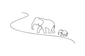 Mother elephant and baby walking along a line drawing