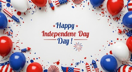 Happy Independence Day Festive Balloons, Confetti, and Fireworks Design