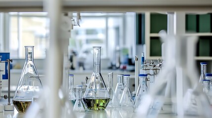 A chemistry lab with glassware and equipment neatly organized