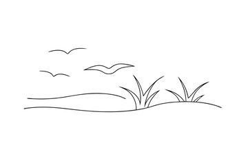 Simple line drawing birds flying over grassy hill