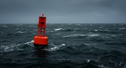 Bright red buoy floating in dark stormy ocean waves