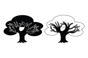 Tree silhouette art vector with line art on white background