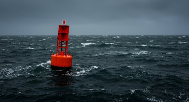 Bright red buoy floating in dark stormy ocean waves