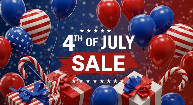 4th of July Sale Celebrate Independence Day with Festive Balloons and Gifts