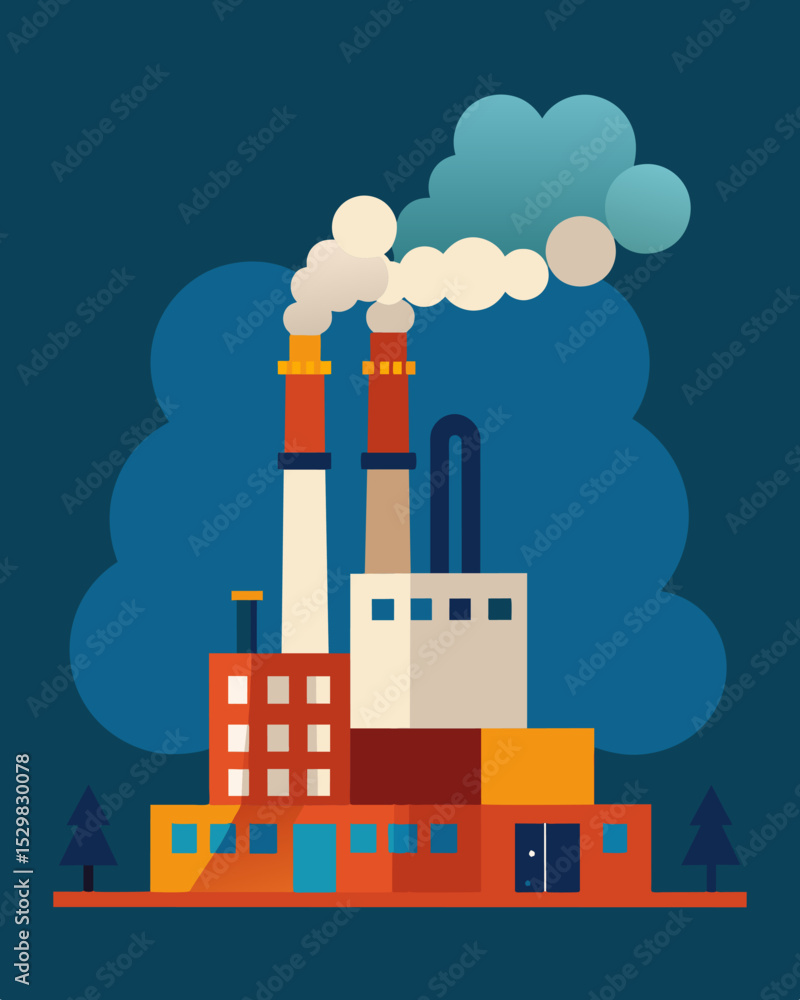 Poster a factory emitting smoke and pollution into the air contributing to the depletion of clean air.. vec