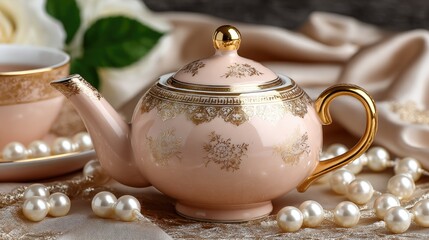 Delicate pink teapot on a pastel tablecloth with warm lighting creates a serene atmosphere perfect for tea enjoyment