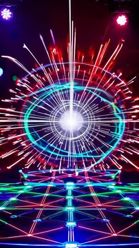 Loopable animation of radial laser light burst with geometric patterns and glowing center on digital dancefloor, ideal for VJ loops, EDM visuals, or futuristic stage backgrounds