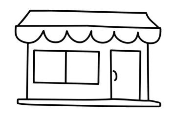 Simple line drawing of a small shop building