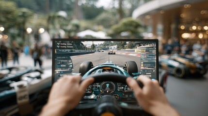 Hands gripping the steering wheel, a driver navigates sharp corners in a virtual racing simulator with a lifelike circuit view