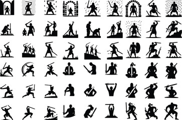Naklejka premium Warrior with Sword Silhouette – Battle Ready Vector Set Heroic Sword Fighter Silhouette – Epic Warrior Pose Collection