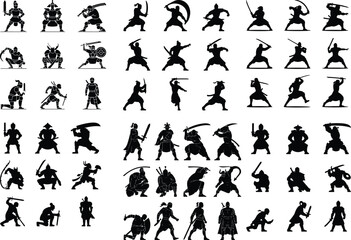 Warrior with Sword Silhouette – Battle Ready Vector Set Heroic Sword Fighter Silhouette – Epic Warrior Pose Collection