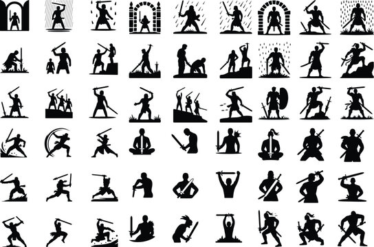Warrior with Sword Silhouette &ndash; Battle Ready Vector Set Heroic Sword Fighter Silhouette &ndash; Epic Warrior Pose Collection