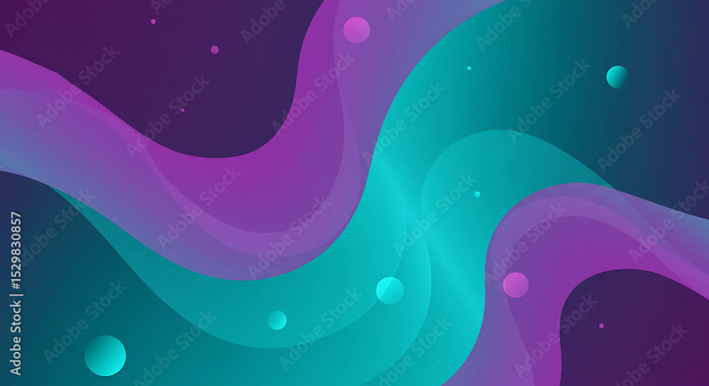 Poster abstract waves of teal and purple flow with scattered spheres, creating a serene and modern backdrop