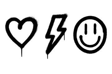 Graffiti spray symbols set with heart, lightning, smile in street style.