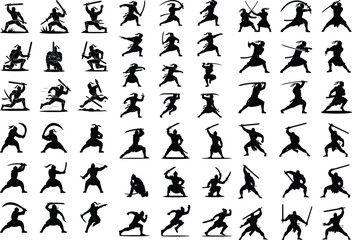 Warrior with Sword Silhouette – Battle Ready Vector Set Heroic Sword Fighter Silhouette – Epic Warrior Pose Collection