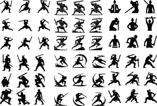 Warrior with Sword Silhouette &ndash; Battle Ready Vector Set Heroic Sword Fighter Silhouette &ndash; Epic Warrior Pose Collection