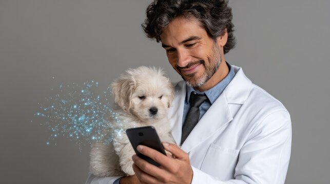 Male doctor holds a playful puppy in one arm, gazing at his smartphone as blue holographic light fills the air around him - Powered by Adobe