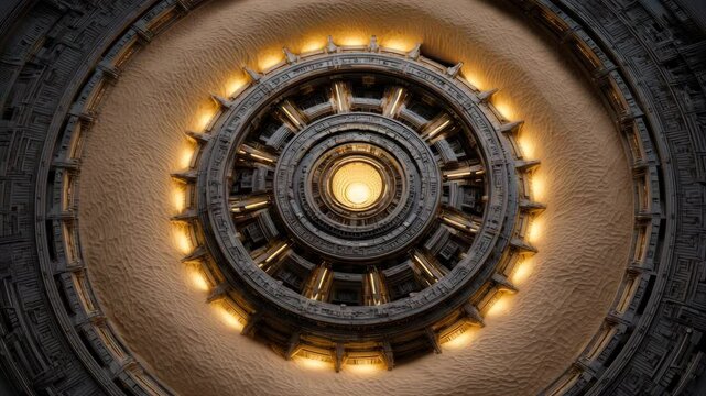 Circular, intricate, architectural design with concentric rings and glowing lights.