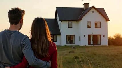 Young couple embracing while gazing at their new modern house in the countryside during a stunning sunset, envisioning a bright future filled with love and happiness together