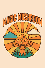 Flat Retro “Magic Mushroom” Psychedelic Vector – Sunburst & Minimalist Hippie Art for T-Shirt & Sticker
