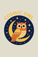 Flat Retro “Cosmic Owl” Vector – Crescent Moon & Starry Night T-Shirt & Sticker Design