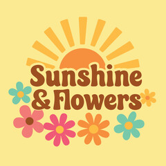 Flat Retro “Sunshine & Flowers” Hippie Vector – Groovy Sunburst & Daisy Graphic for T-Shirt & Sticker