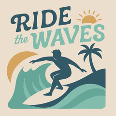Flat Retro “Ride the Waves” Surfer Vector Illustration – Pastel Ocean Palette T-Shirt & Sticker Design