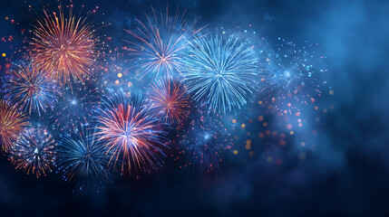 Fireworks banner, colorful fireworks with sparks at night, background wallpaper. Independence day USA 4 july poster