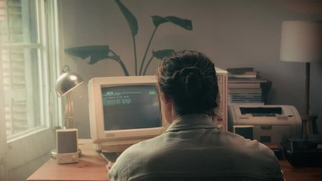 Man working and gaming on retro computer PC, IT engineer with vintage computer at home, using old fashion technology, close up of retro setup. 