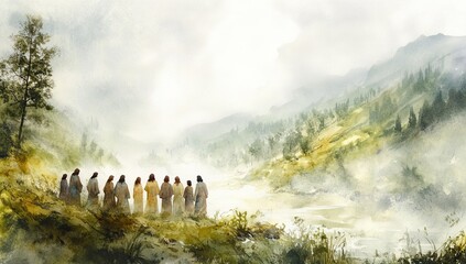 Gathering of figures in a misty forest landscape