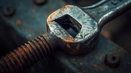 Rusty wrench and bolt close-up