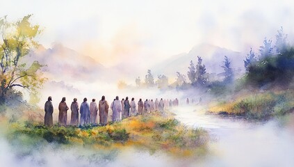 People walking along a foggy riverbank at dawn