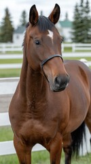 American horse with black mane and white forehead mark stands calmly by a wooden fence on a sunny day at a farm