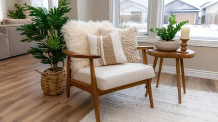 Bright sunlight fills the cozy living room featuring a plush bean bag chair, plants, and a warm, inviting atmosphere