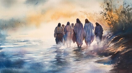Walking along the river at dawn with silhouettes