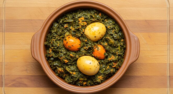 Delicious  Spinach and Egg Dish in Clay Bowl