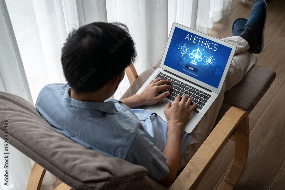 Poster ai ethics responsibility standard law and rules on computer screen provide report of ai ethic transp