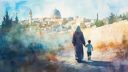 Elderly woman and child walking in Jerusalem