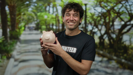 Hispanic man in a park holds a piggy bank wearing a volunteer shirt, smiling against a backdrop of...