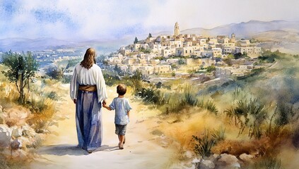 Walking hand in hand toward a scenic village